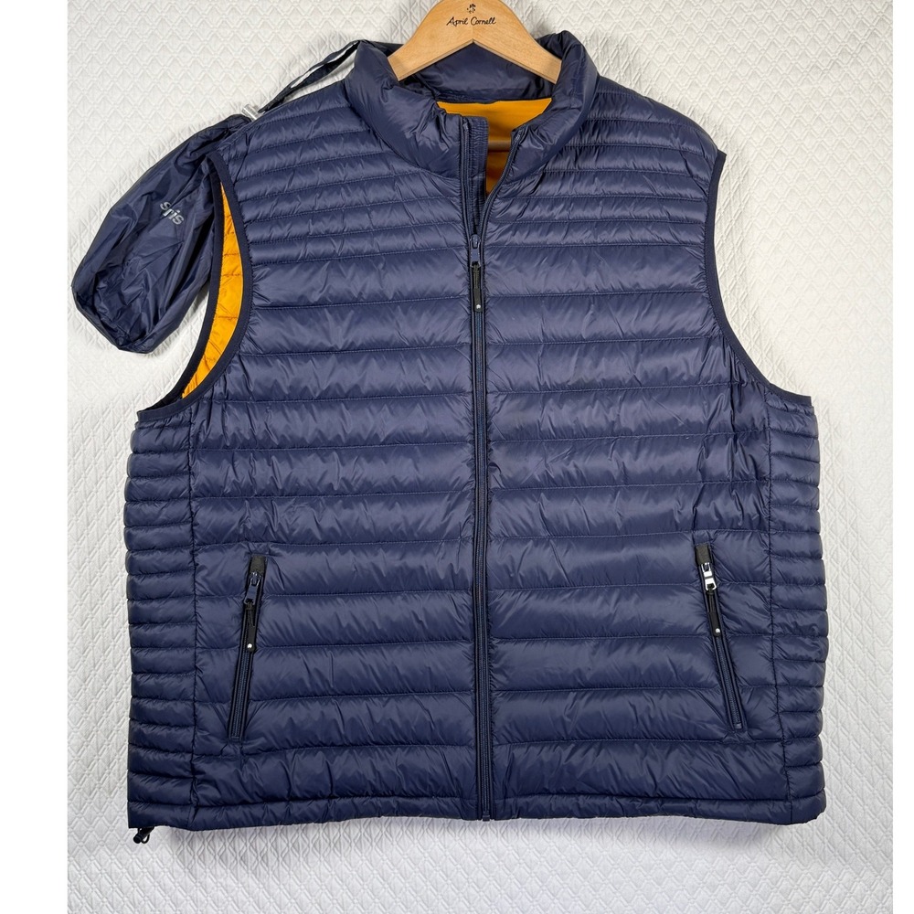 Solaris Mens XXL Navy Blue Natural Down Packable Puffer Vest Outdoor Gorp Zip